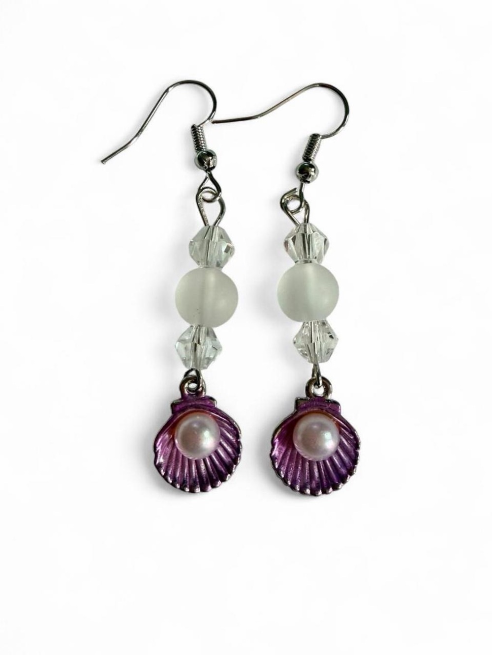 Handmade Purple Shell & Pearl Beaded Earrings Boho Beach